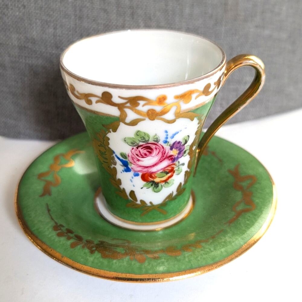 Vintage Limoges France Hand Painted Rare Green Floral Ornate Tea Cup Saucer Set